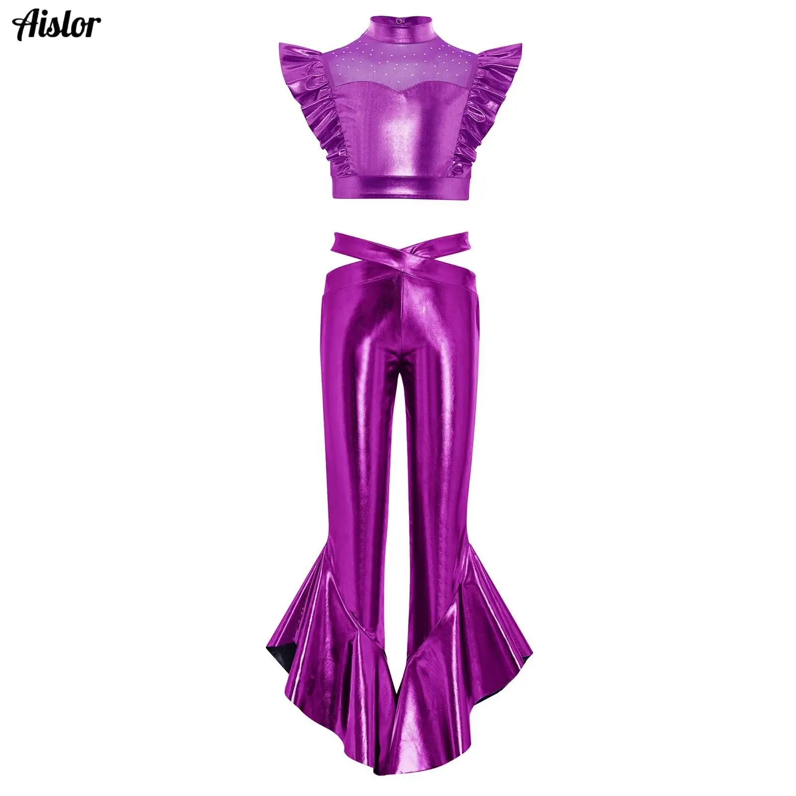 Kid Girls 70S Disco Hippie Costumes Metallic Shiny Sleeveless Crop Top with Ruffles Bell-Bottom Pants Jazz Competition Dancewear