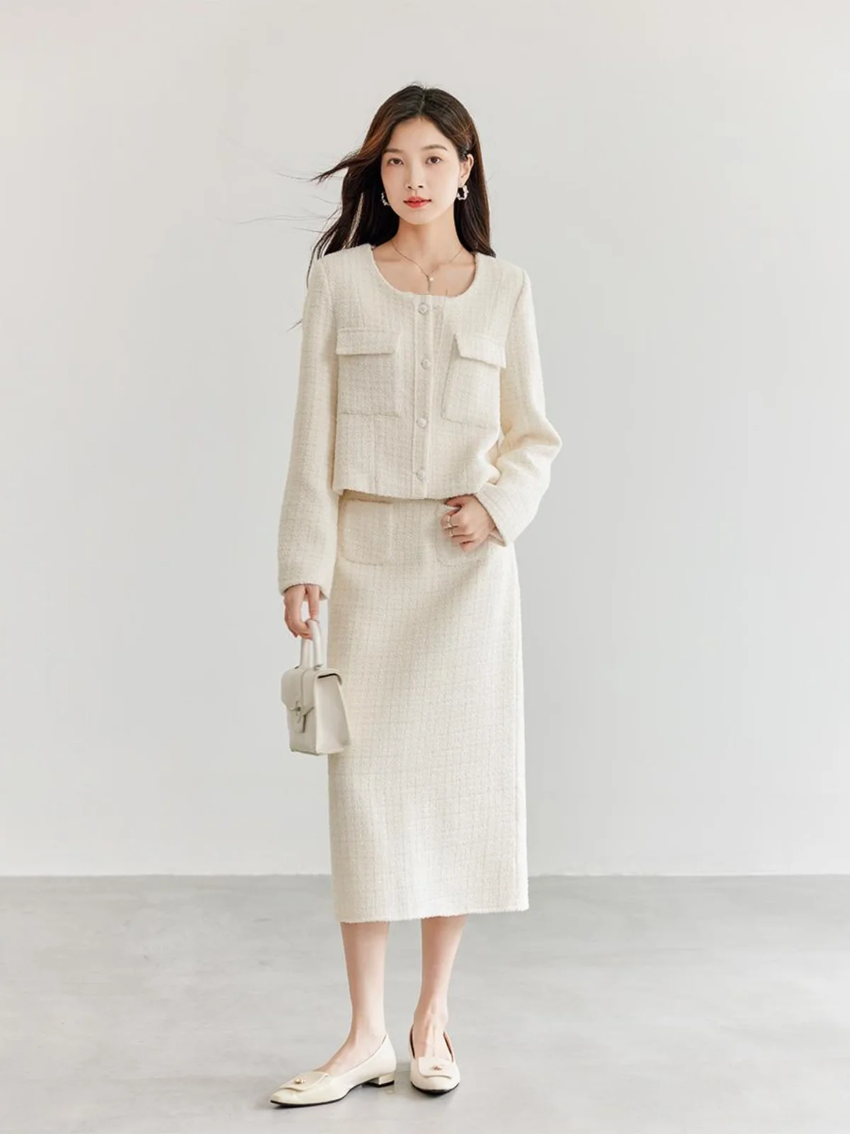 

High Waist Thickened Autumn Winter Half Skirt Fashionable Midi Skirt with Pockets Small Fragrance Style A-Line Skirt