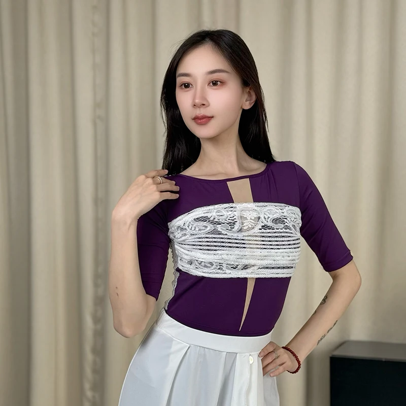 

2024 New Modern Dance Clothes High-end Women's Latin Tops Salsa Ballroom Dance Wear 3 Colors Mid Sleeve Waltz Bodysuit XH2628
