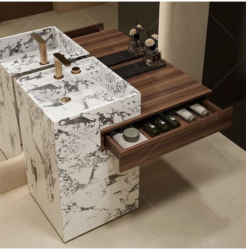 Customized hotel villa travertine rock slab column basin integrated washbasin hand pool outdoor courtyard bathroom cabinet