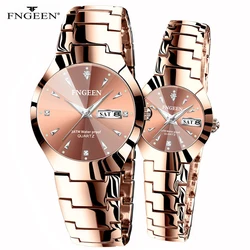 FNGEEN-Montres-bracelets étanches en acier pour les amoureux, montre à quartz jumelée, or rose, mode de luxe, cadeau de la Saint-Valentin, couple