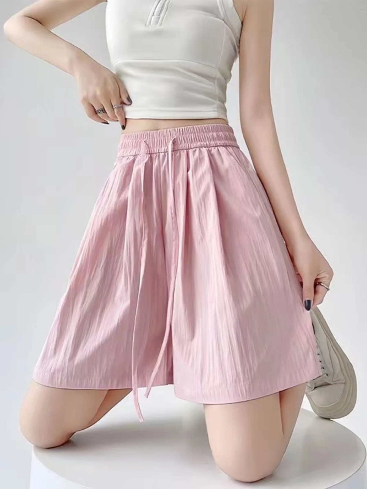 2024 frauen Eis Seide Sport orts Sommer Dünne Breite Bein Casual Fünf-Viertel Länge Hohe Taille Koreanische Sle pendeln Hosen