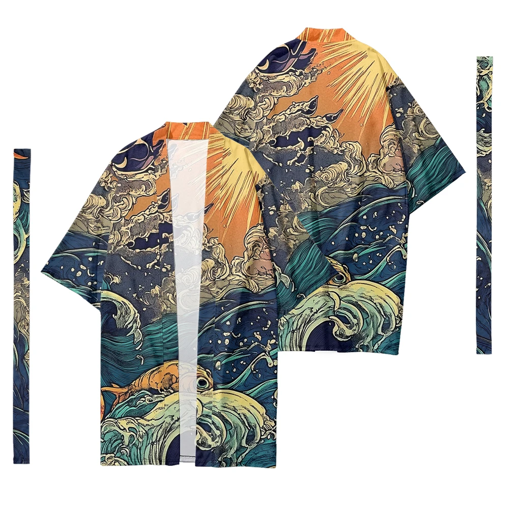 Autumn Samurai Kimono Cosplay Japanese Fashion Long Kimono Unisex Stylish Haori Kimonos Casual Yukata Cardigan Wave Print Robe