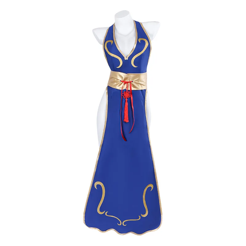 

SF Chun Cosplay Dress Blue Halter Neck High Cheongsam Women Sexy DressUp Game Fighter Fighter Costume Halloween Carnival Party