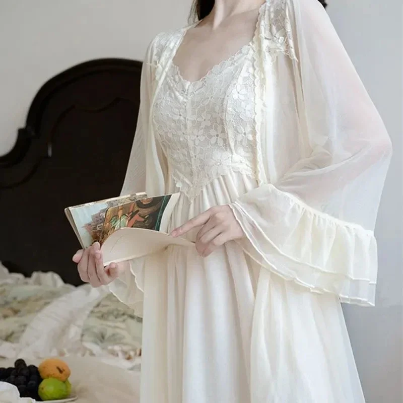 Sexy Damen Nachthemd Spitze Prinzessin Nachthemden Slip Vintage Lady Damen 2-teiliges Robe Set Herbst Pyjama Nachtwäsche Bademantel Home Set