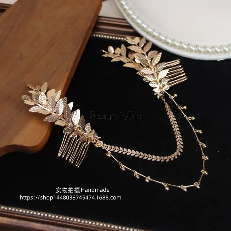 New European and American style retro gold leaves leaves hair comb bride photo studio performance headgear baroque