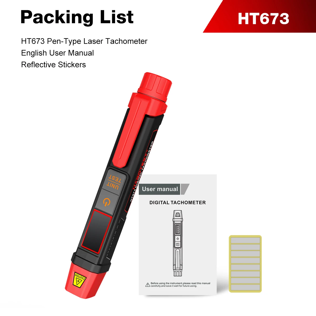 Tachymètre laser de type stylo HT673, testeur de régime sans contact, 10-99999 tr/min, mode double RPM et comptage, résolution 0,1 tr/min, jauge de vitesse numérique