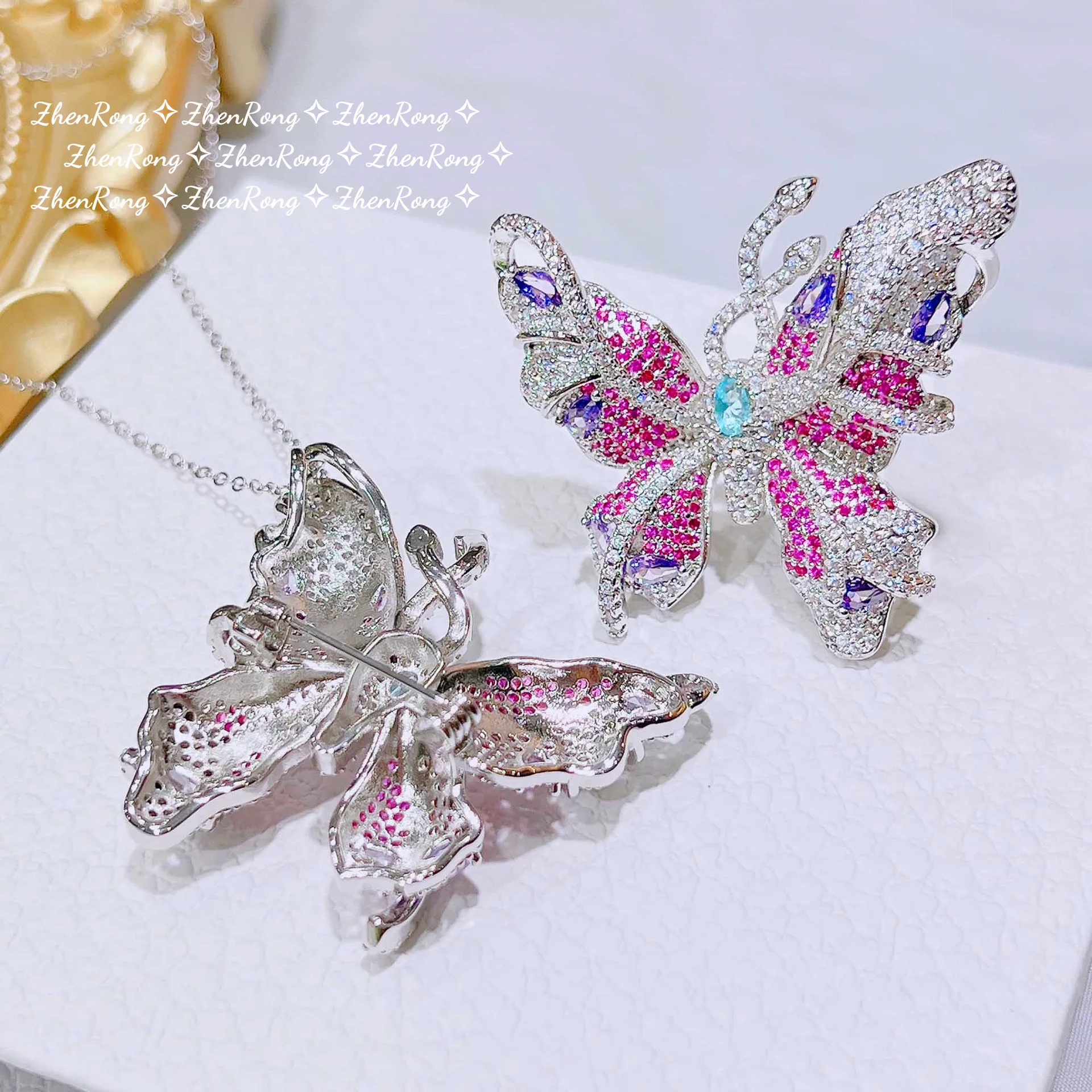 Foydjew Luxury Fntasy Brooch/Pendant Necklaces Two-wear Style Exquisite Lavender Purple Zircon Butterfly Rings Jewelry Sets