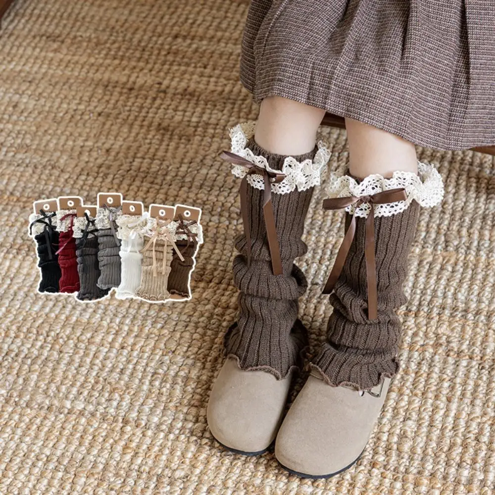 Cute Harajuku Bow Ribbon Leg Warmers Solid Color Sweet Knitted Foot Cover Long Stockings Kawaii Children's Foot Warmer Autumn