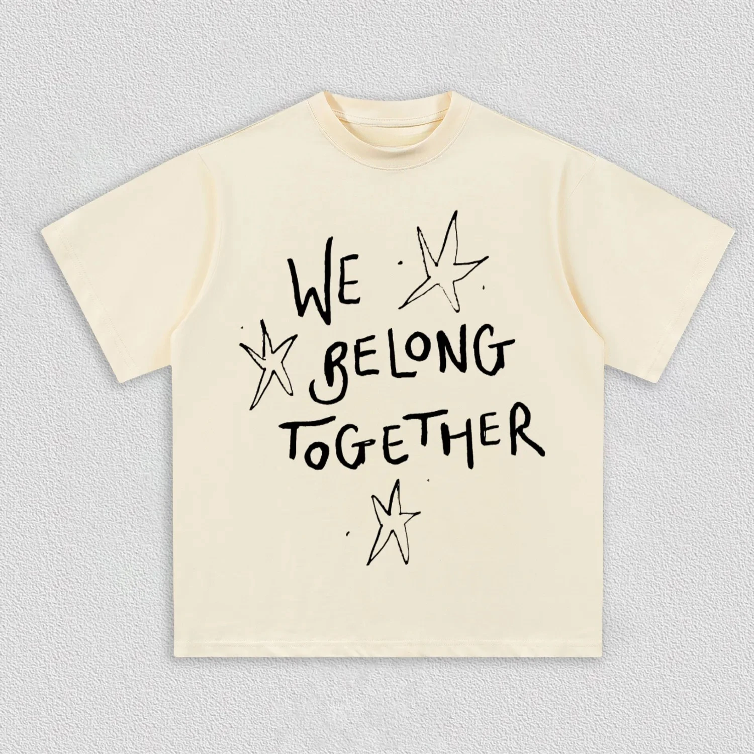 2026 Summer White Minimal Front Print Loose Sketch Five-pointed Stars Irregular Cursive Phrase Layout Drop Shoulder Street Top