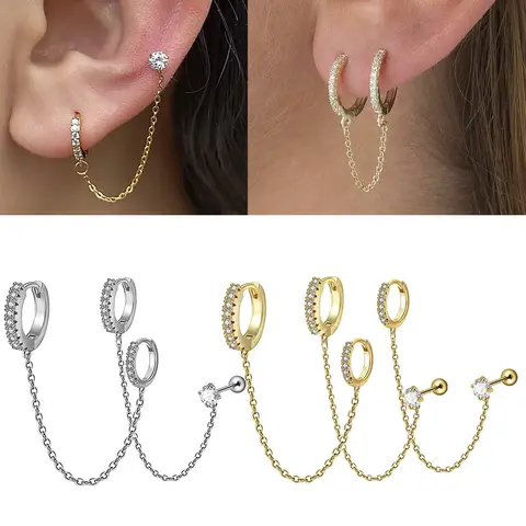 1/2/3/6PCS Sets Stainless Steel Zircon Long Chain Earrings Ear Cuff Double Hoop Earrings Double Piercing Helix Tragus Piercing