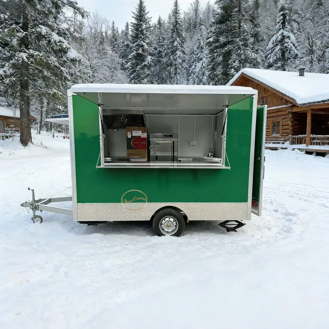 

Commercial Towable FRP Food Trailer Street Cart with Built-In Sink And Vent Hood Stainless Steel Mobile Kitchen for Business