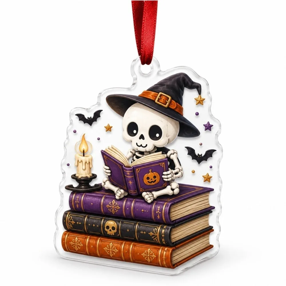 Cute 2D Flat Reading Ghost Pendant Spooky Acrylic Reading Book Ghost Figurine Black Cat Halloween Bag Charm Bedroom