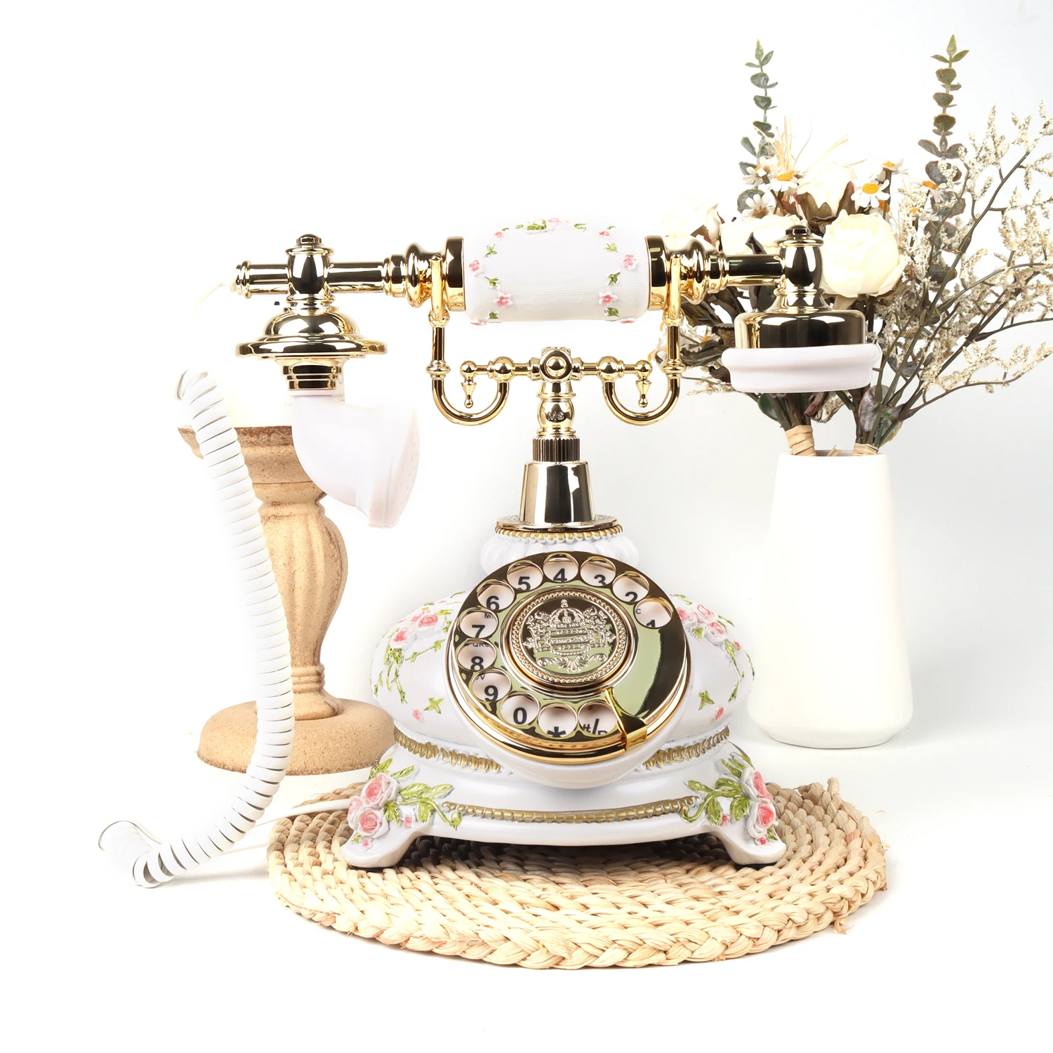 White Antique Design Classical Rotary Corded Telephone Audio Guestbook Phone For Wedding Party Use
