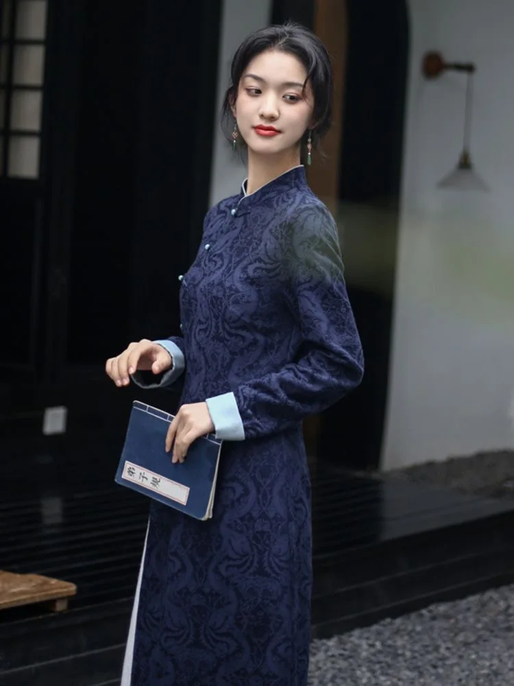 Women Qipao Cheongsam Chinese Style Navy Blue Jacquard Stand Collar Frog Button Top Pants Two Piece Set Elegant Wedding Vintage