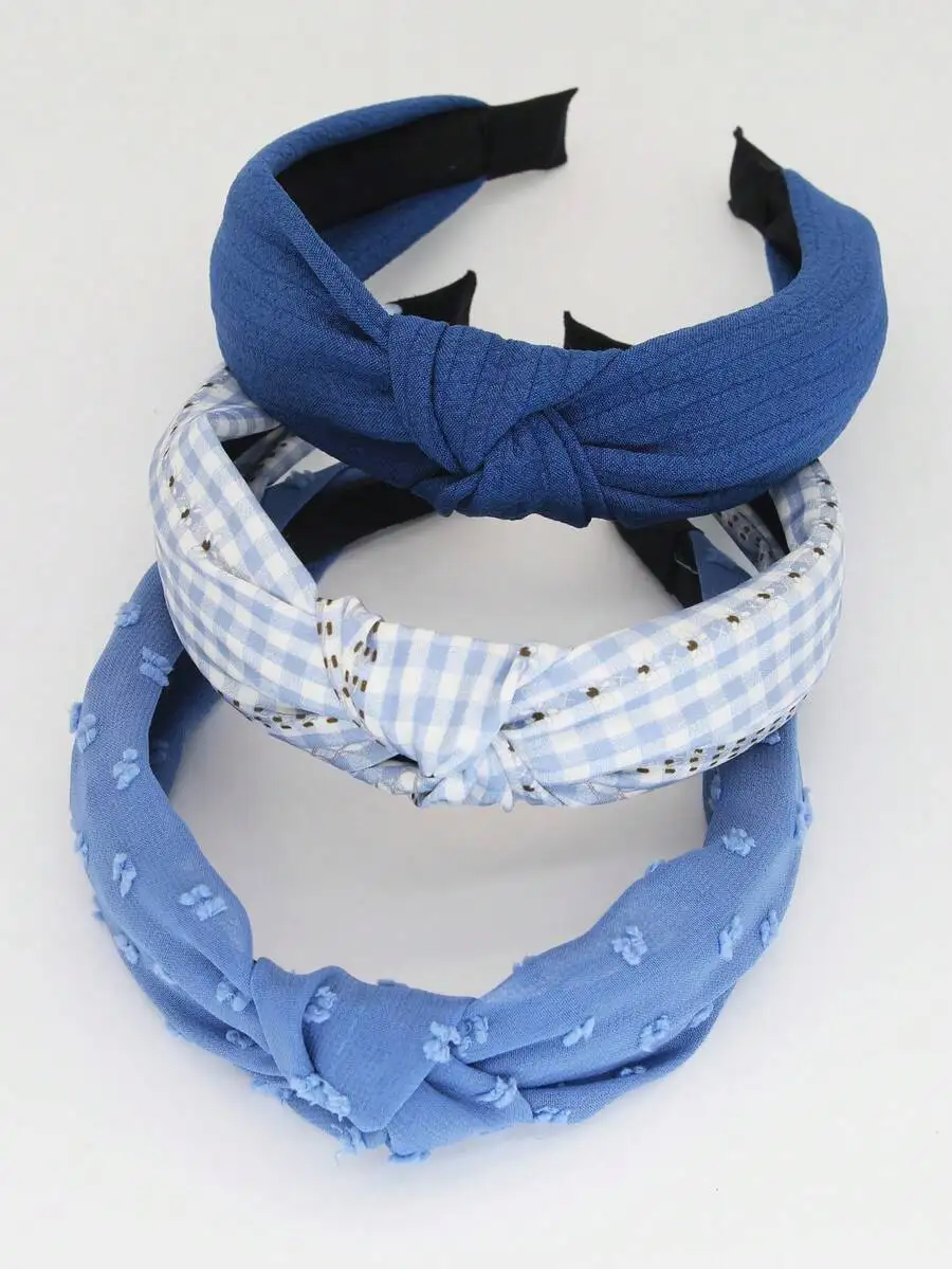 

3pcs Womens Blue Plaid & Solid Color Wide Knot Cloth Headbands For Daily Wear
