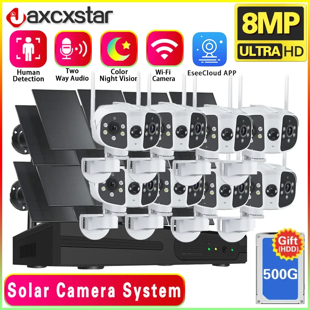 4K 8MP WiFi Dual Panels Solar Panel Battery System Fixed 180° Wide Angle Panorama Camera 10CH NVR Kit Video Surveillance System