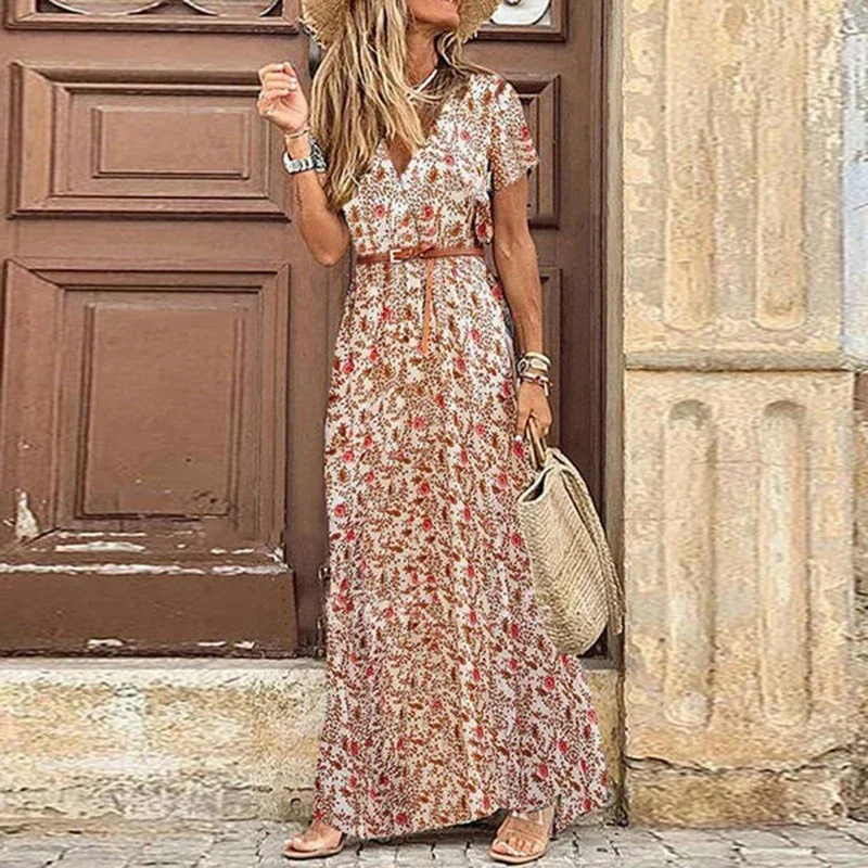 Boho Summer Long Dress for Women Elegant Evening 2023 Vestidos de Mujer Dresses Robe Femme Casual Maxi Short Sleeve Clothing