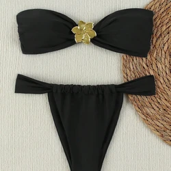 Hot Cross-border European and American Split Strapless Neck Halter Metal Accessories Swimsuit Set Bikini Solid Color Pure Desire