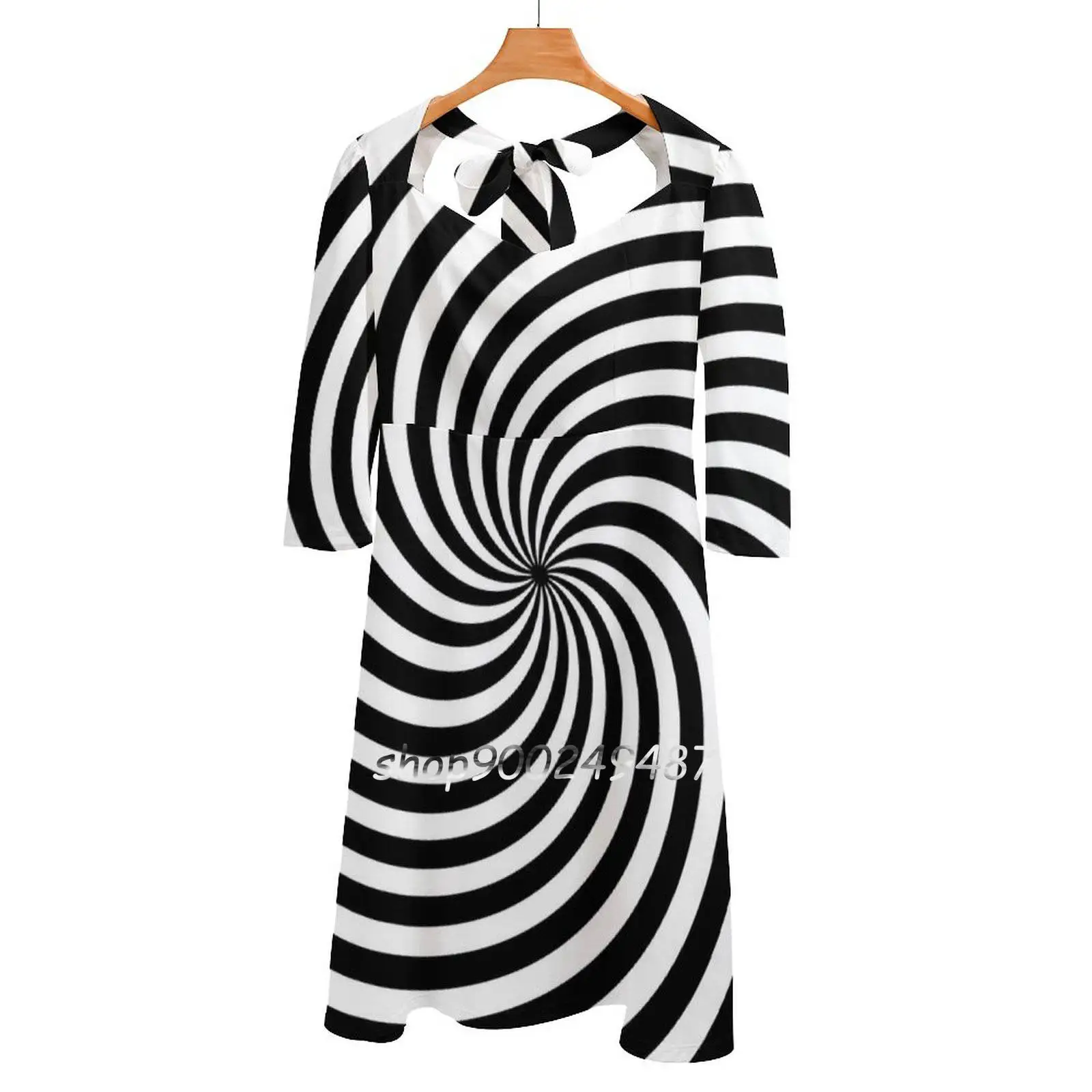 Black And White Op-Art Spiral Square Neck Dress New Plus Size Elegant Women Waist Tight Dress Optical Retro Illusion Hypnotic