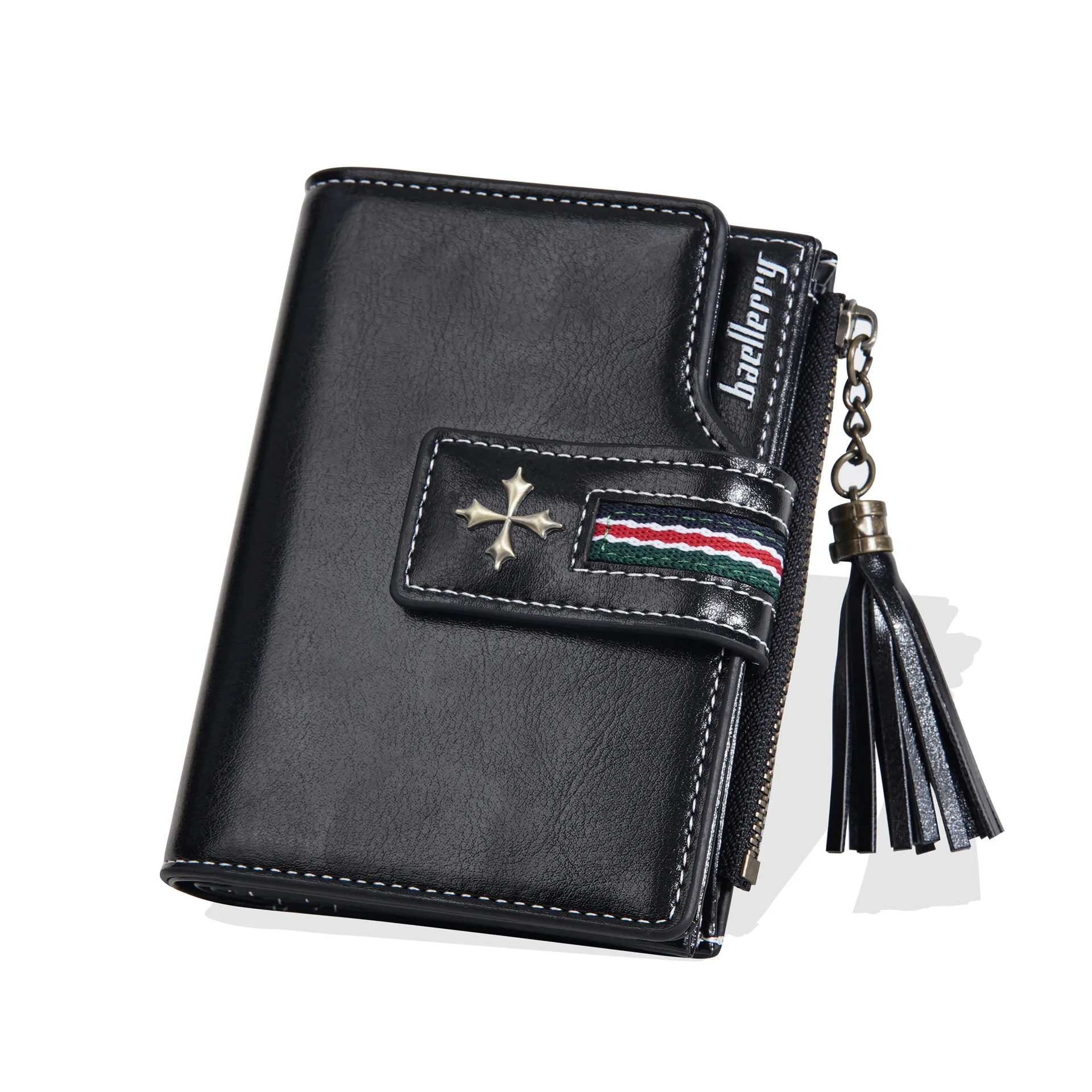 Neue PU-Damenbrieftasche mit Ölwachs-Lederquasten, Modische Dreifach Gefaltete Kurze Geldbörse, Mehrfach-Fach Reißverschluss-Münzbörse – Detail 12
