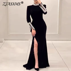 Women Fashion Round Neck Beading Long Dress Spring Solid Slim Fit Bodycon Hip Dress Autumn Long Sleeve Velvet Evening Maxi Dress