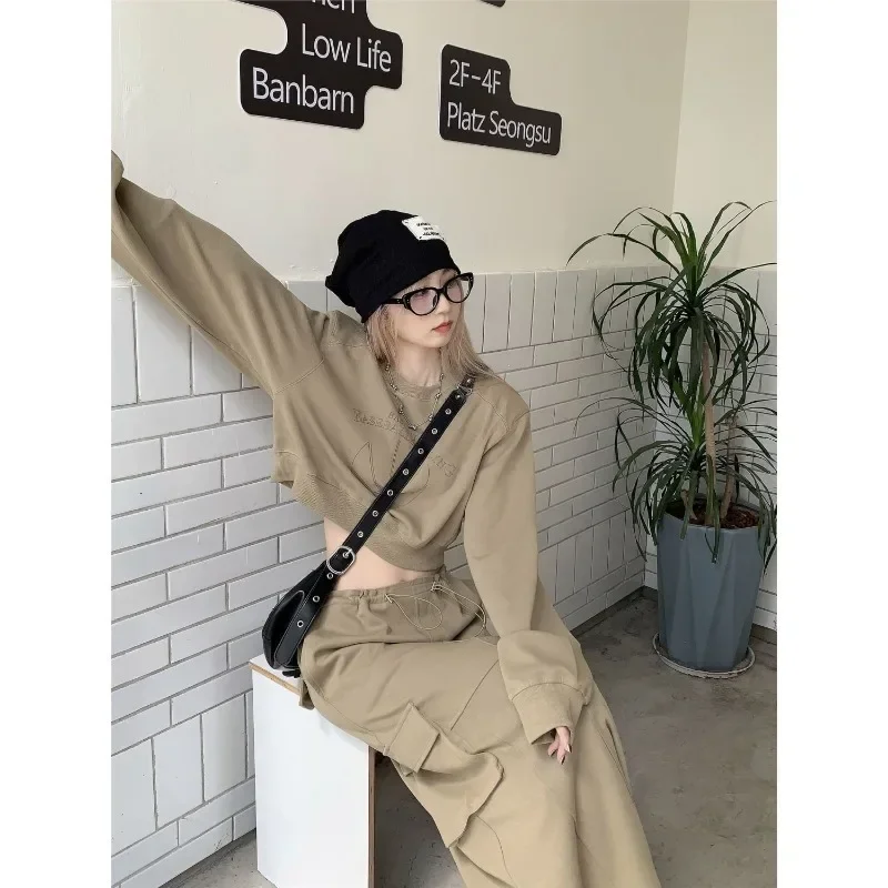 Conjunto de dos piezas de estilo americano para mujer, Sudadera con capucha de manga larga con estampado Vintage, Tops de otoño, faldas Cargo de longitud media, Primavera, 2023