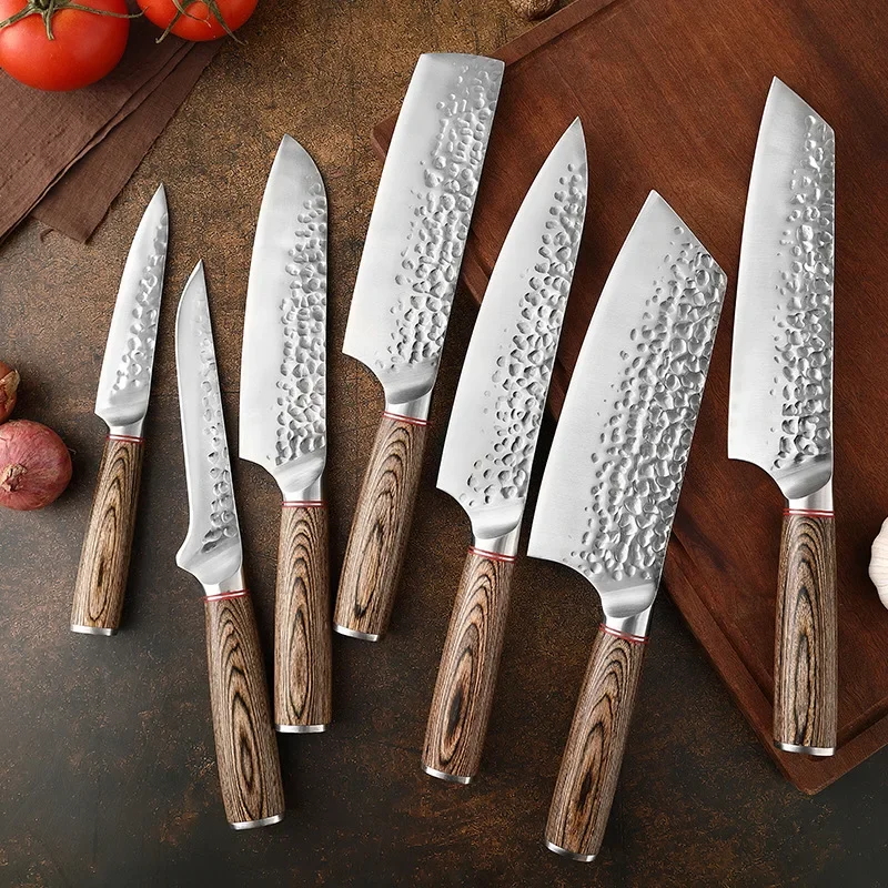 1-7Pcs set Forged Chef Knives Set High Carbon Stainless Steel Japanes Kiritsuke Knife Cleaver Slicing Utility Kitchen Utensils