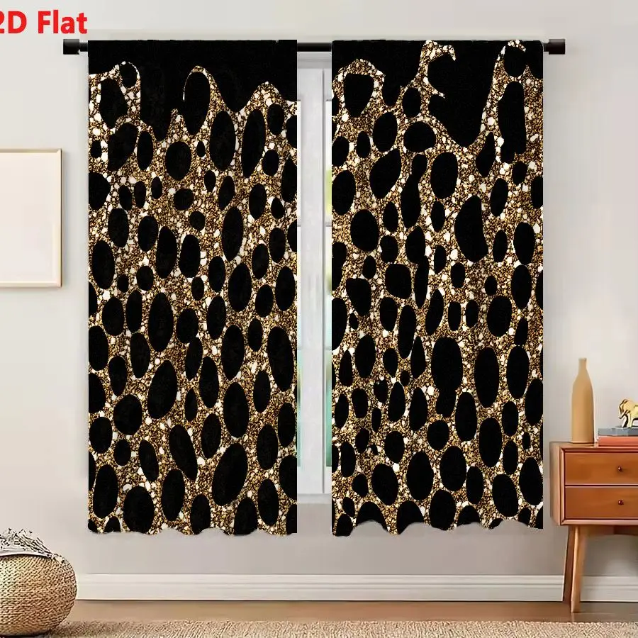 2Pcs Curtains 2D Flat Glittery Gold Texture On Black Background With Irregular Oval Holes And Torn Paper Border Window Drapes fo
