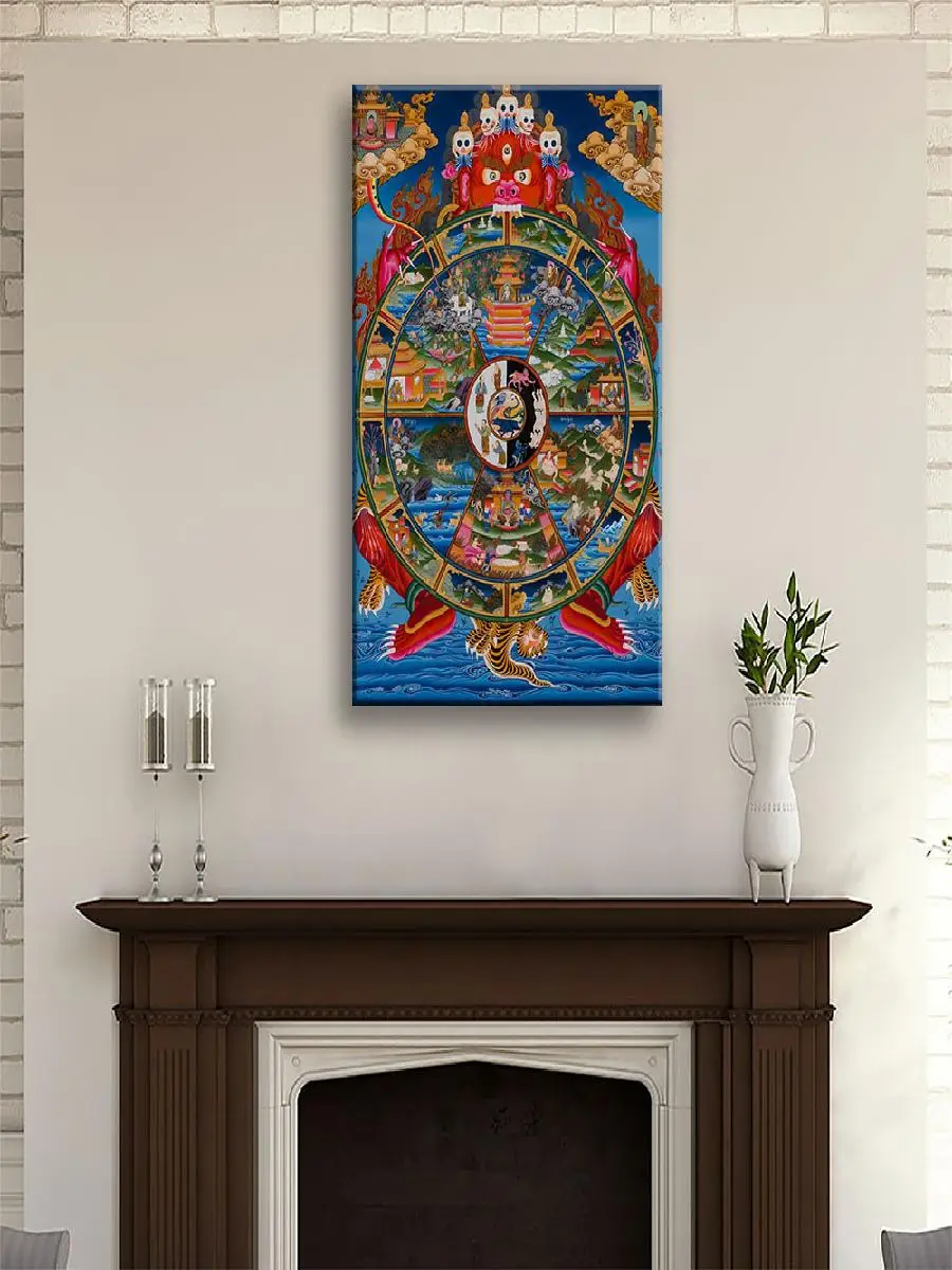 Wooden Framed Wall Art  Tibetan Mandala Wheel of Life  Ready to Hang Canvas Poster  Unique Home Decor for Living Room Bedroom Ki