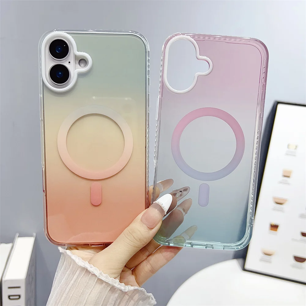 Magnetic Phone Case For iPhone 16 15 Pro 14 12 13 Pro Max Cover Color Cute Block Geometric Pattern Shockproof Cases for Magsafe