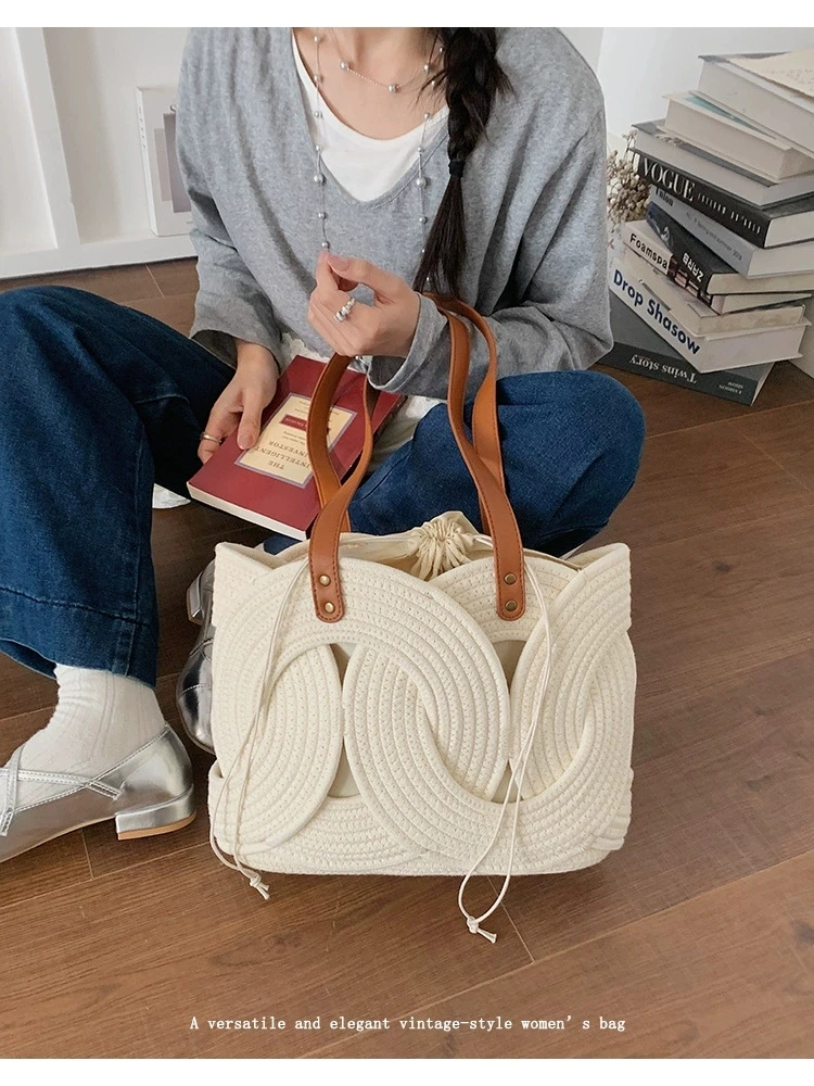 2026 Retro Hollow-out Straw Woven Bag, New Style, Large Capacity, Cotton Rope Woven Shoulder Bag, Vacation Tote Bag