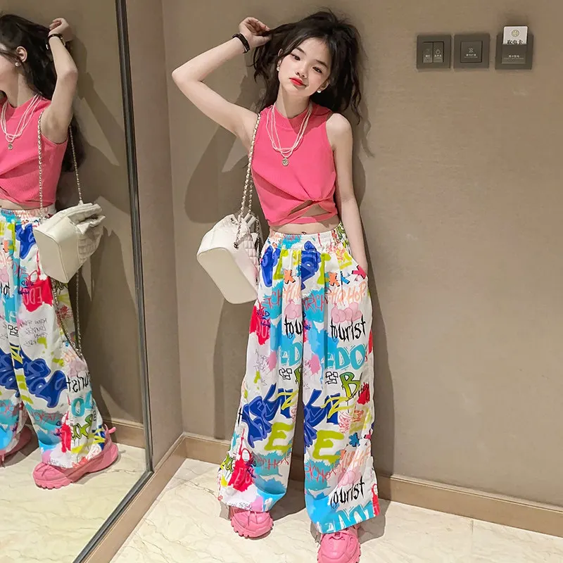 teenage Girls Clothing set Summer Knit Vest+Graffiti Pants Hip Hop suit Streetwear Costumes Kids Teenager Clothes Outfits