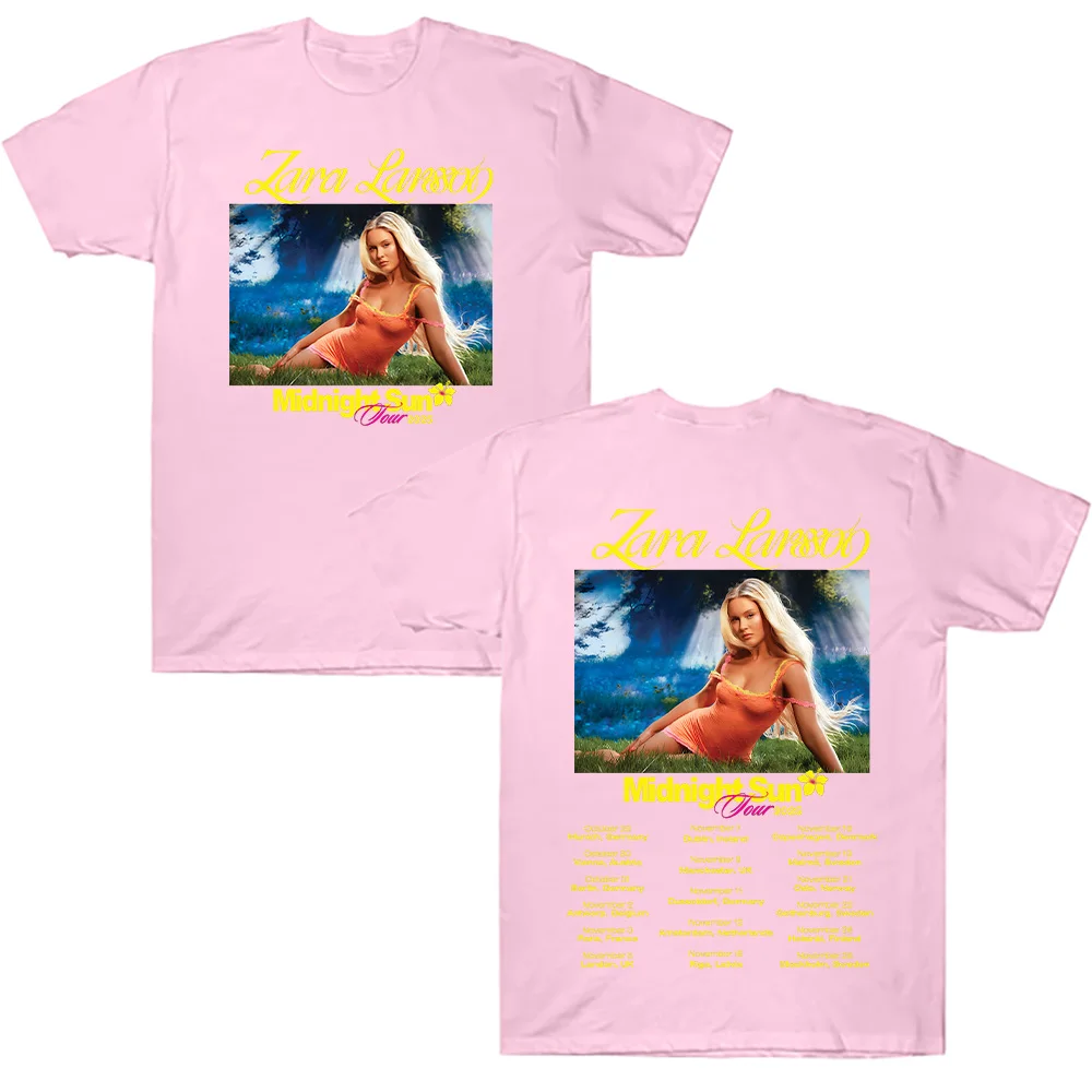 Zara Larsson منتصف الليل جولة الشمس 2025 تي شيرت الرجال النساء القطن تيز Ummer عادية كم قصير الجولة الرقبة الملابس بلوزات فضفاضة الاتجاه