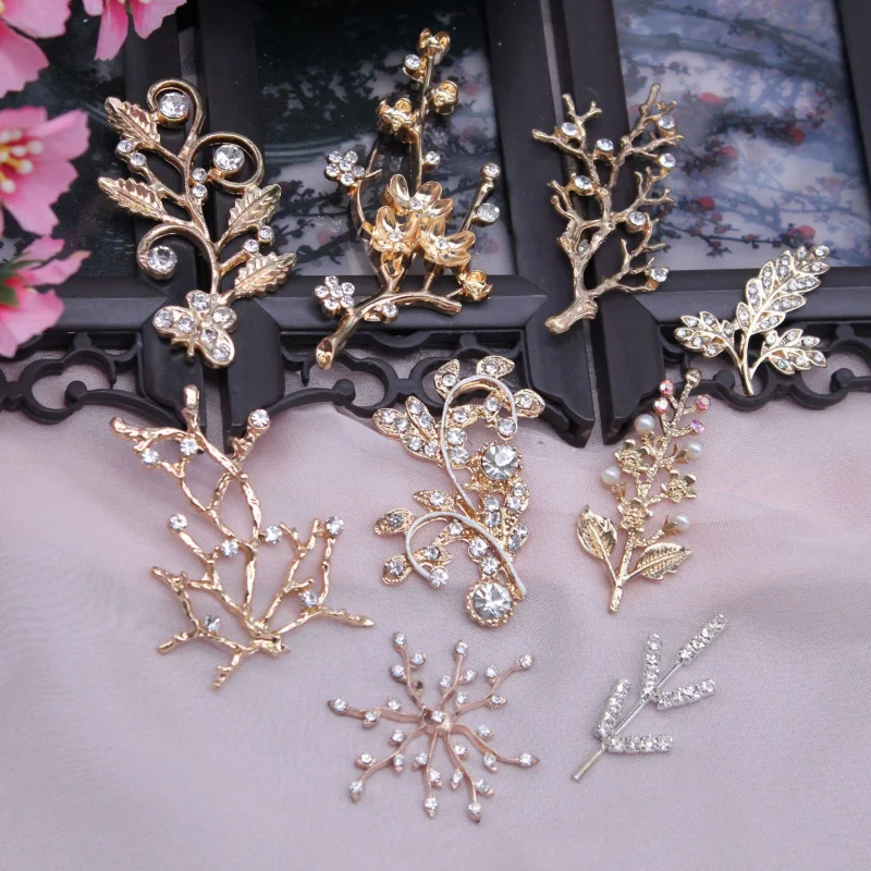 

Baroque Golden Plated Leaf Branch Rhinestone Charms for Wedding Crown Tiara Headpiece Decoration