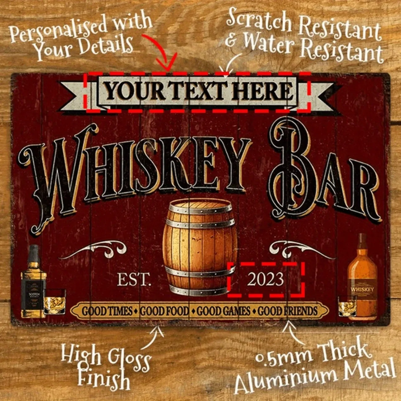 Customizable Personalized Whiskey Bar Sign - Made From High-Quality Scratch & Water-Resistant.