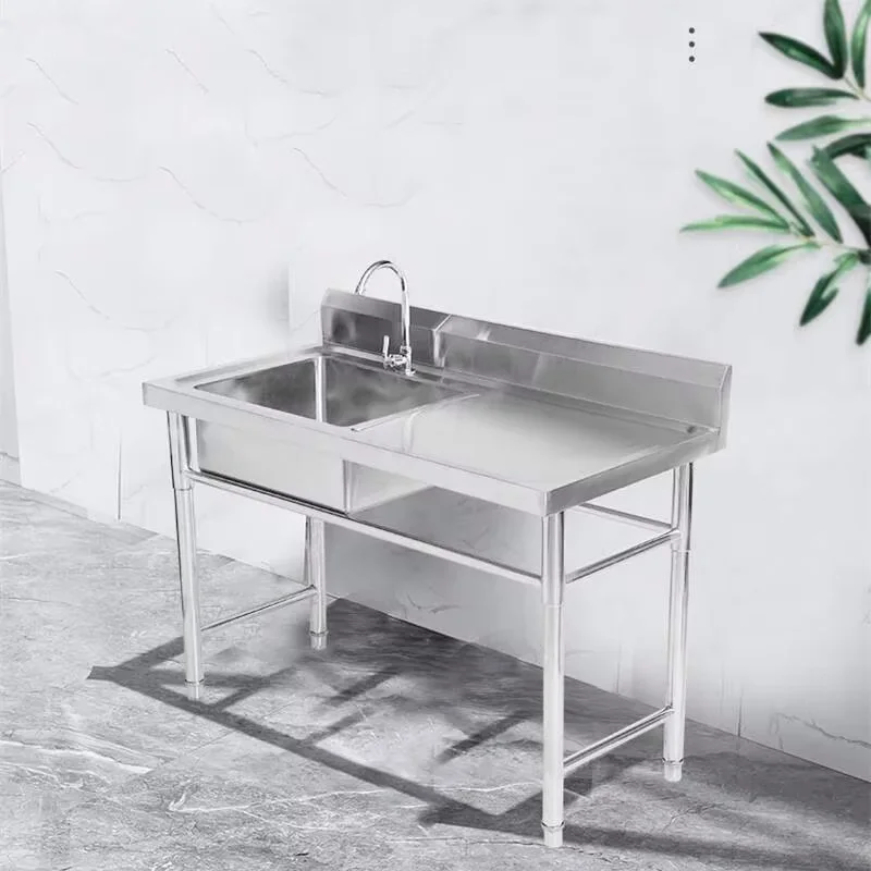 Commercial Stainless Steel Kitchen Sinks Countertop Integrated Dishwashing Basin Thickened Washing Sink with Bracket Single Slot
