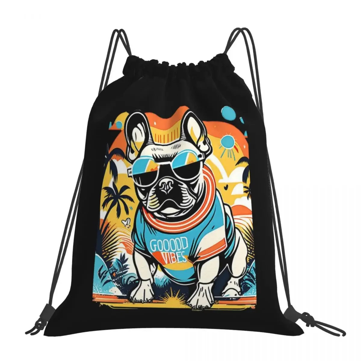 Franse Bulldog Retro Vibes-Kleurrijk Design Rugzakken Trekkoord Tassen Met Trekkoord Bundel Zak Diversen Tas Boekentas