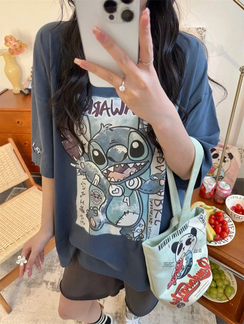 Kawaii Lilo Stitch Disney Cartoon T Shirt Women Y2K Harajuku Streetwear T-shirt Summer Ullzang Fashion Streetwear Tshirt Girls