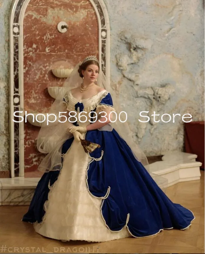 Royal Blue White Victorian Velvet Wedding Dresses Pearls Ruched Lace-up Corset Queen Elizabeth Mary Boleyn Brial Gown Customized