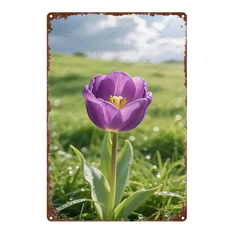 2D Flat, 1pc, Metal Sign, Purple Tulip Tin Plate Painting Decorative Art Retro Country Style, 8X12 Inches (20X30 Cm) Iron Sign,