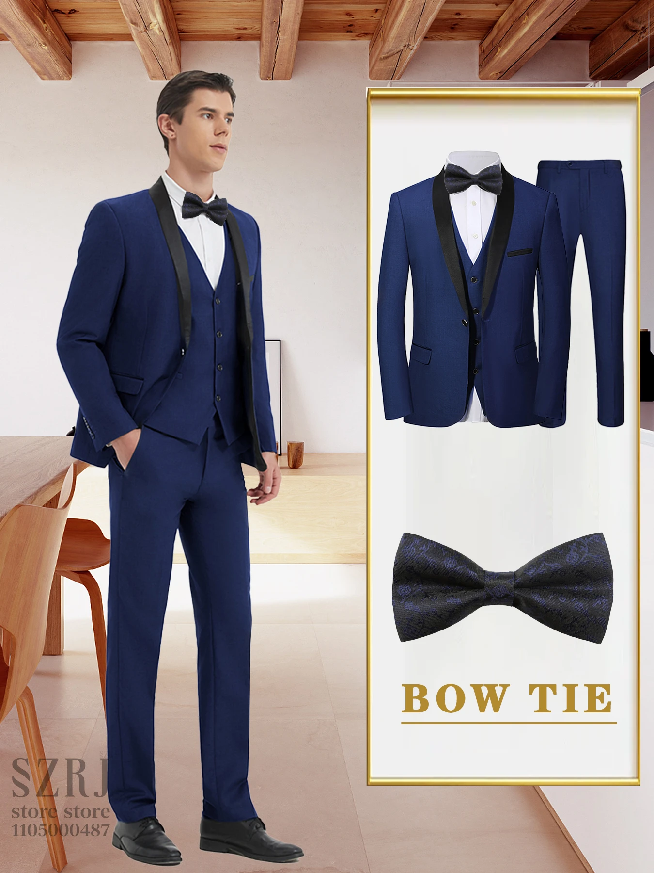 

Men's 4-Piece Formal Suit: Jacket + Vest + Pants + Bow Tie, Shawl Collar, 1-Button, Flap Pockets, Wedding/Party