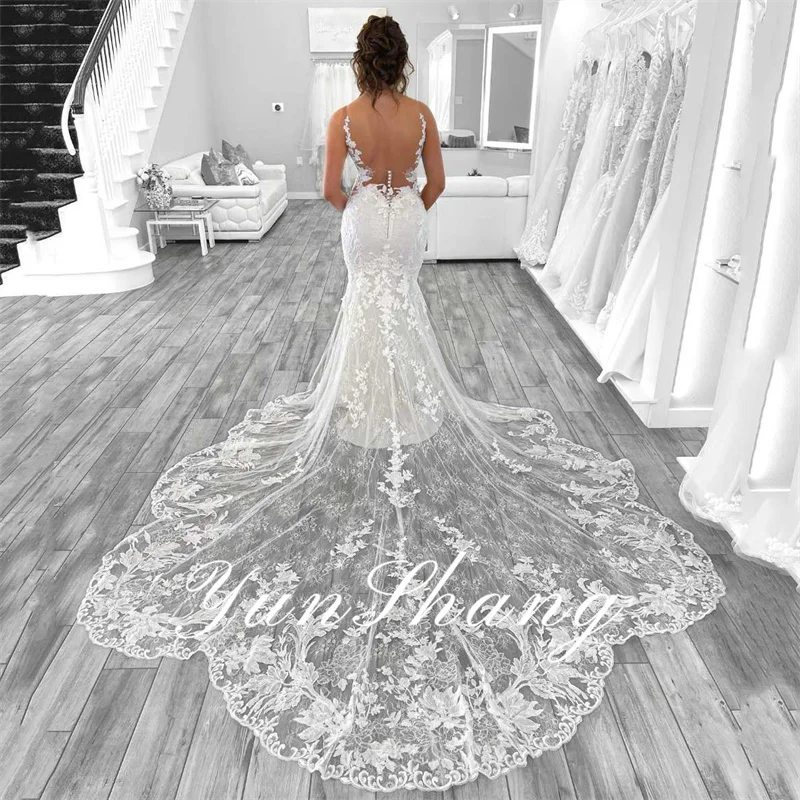 Yunshang Luxury Wedding Dress Women Mermaid Open Back V-Neck Lace Spaghetti Strap Bridal Gown Vestidos De Novia Customized Woman