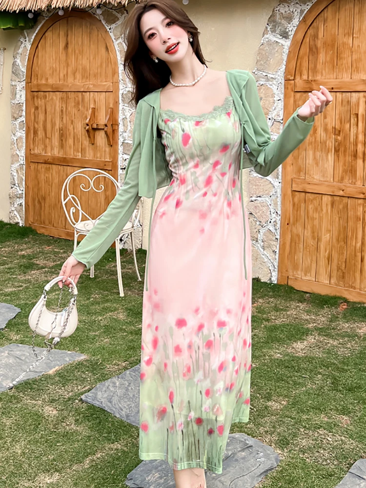 2025 nouvelle mode maille dentelle florale robe à bretelles + vert t-shirts deux pièces ensembles femmes été plage Style élégant tenue décontractée ensembles