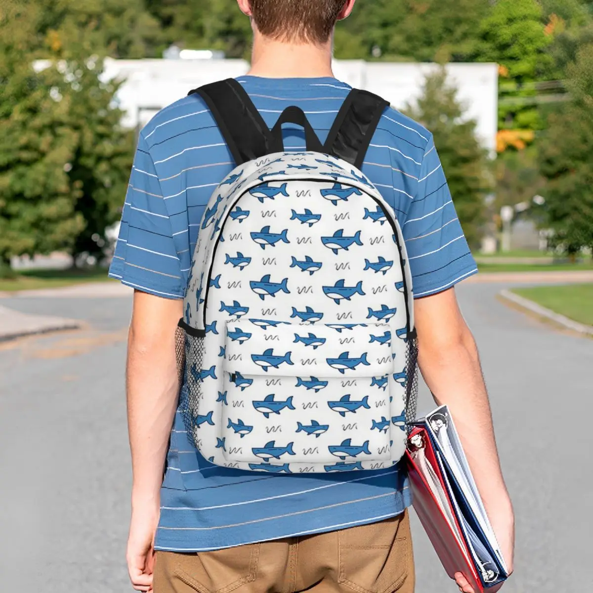 Blue Cartoon Shark Animal Pattern Backpack Student BookBag Children School Bag Laptop Shoulder Bags for Men Women