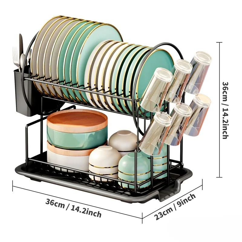 2 tier dish drying rack drain board set tableware drainer Kitchen countertop storage rack cup holder Knife and fork holder