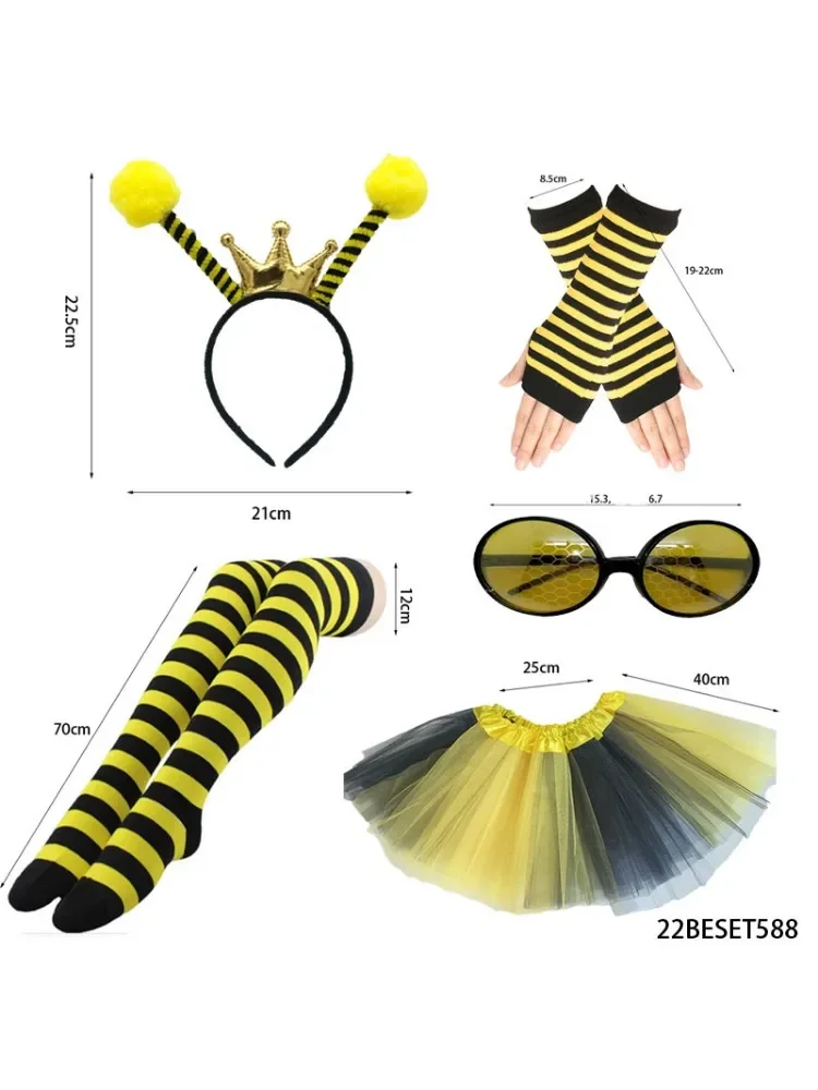 

A bee costume with bee-striped leg warmers knee high stockings Bee sunglasses and long gloves for a Halloween costume party