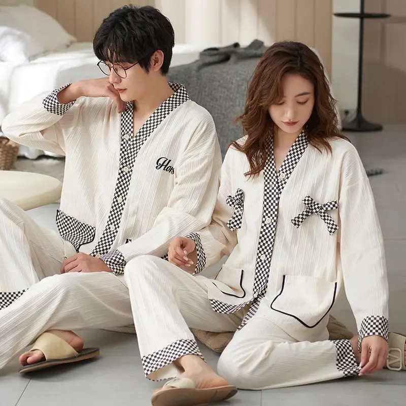 Couple Pajamas Sets for Woman Cotton Long-sleeved Cardigan Korean Version of Men\'s Pajamas Homewear Spring Sleepwear Set