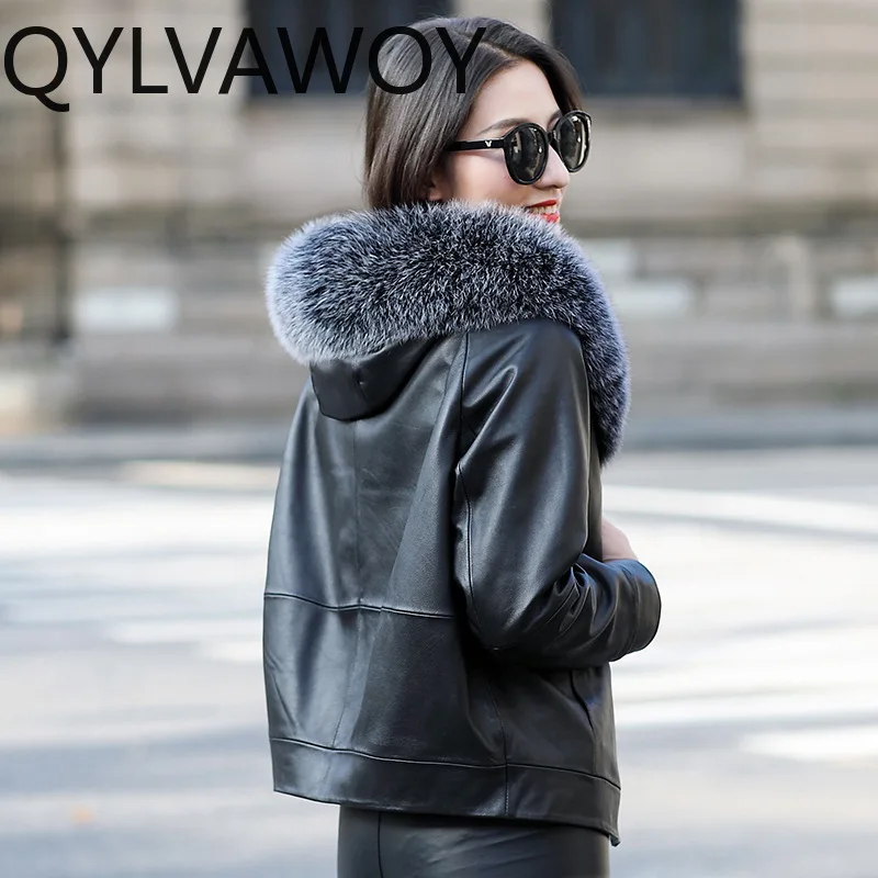 QYLVAWOY 2025 hiver nouveau manteau de fourrure en peau de mouton véritable pour femme col de fourrure de renard doudoune courte chaude haut de gamme élégant vêtements d'extérieur LJ2697