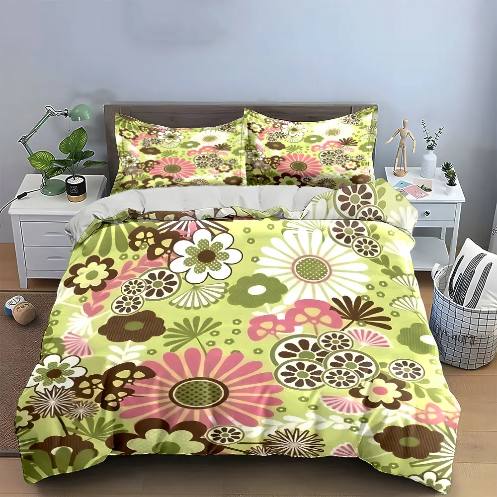 3Pcs Boho Retro Bedding Set, 70s Inspired Geometric Floral Pattern Print Duvet Cover, Whimsical Bedroom Decor